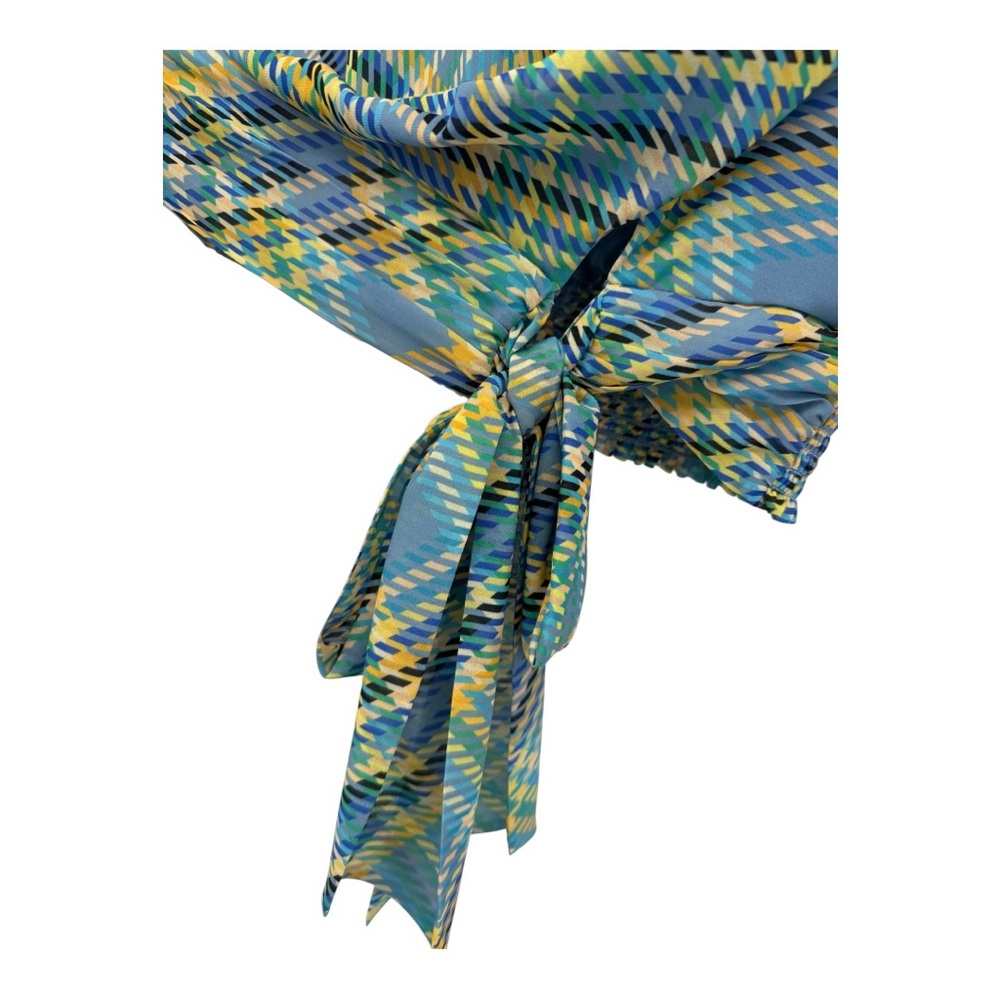 Ramy Brook New York Draped Lt Blue Plaid Cinch Waist Bow Blouse S NWT | $345 - Picture 5 of 16